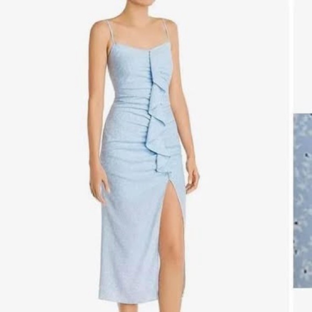 Likely Blue Floral Ruched Ruffle Midi Dress